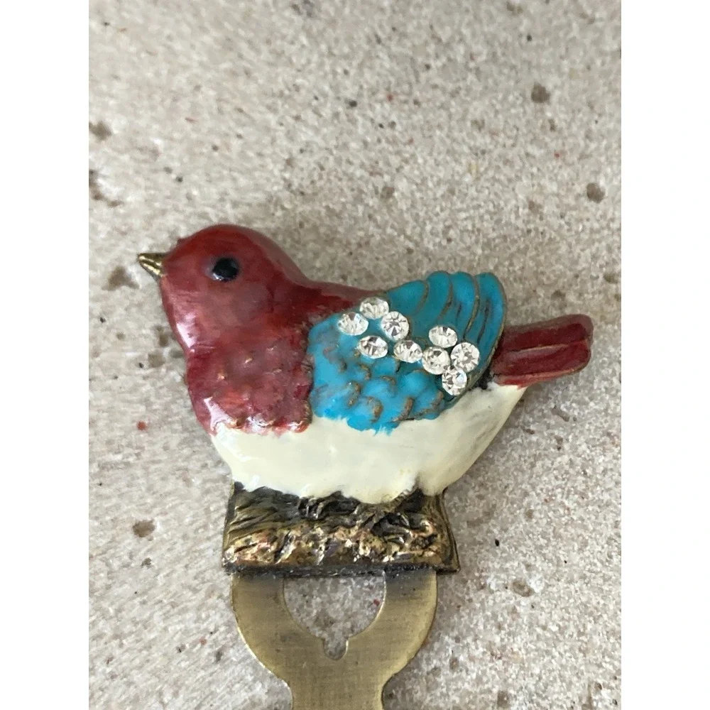 Decorative Metal Bookmark Red Blue Bird Rhinestone Accent Brass‎ Tone Artisan